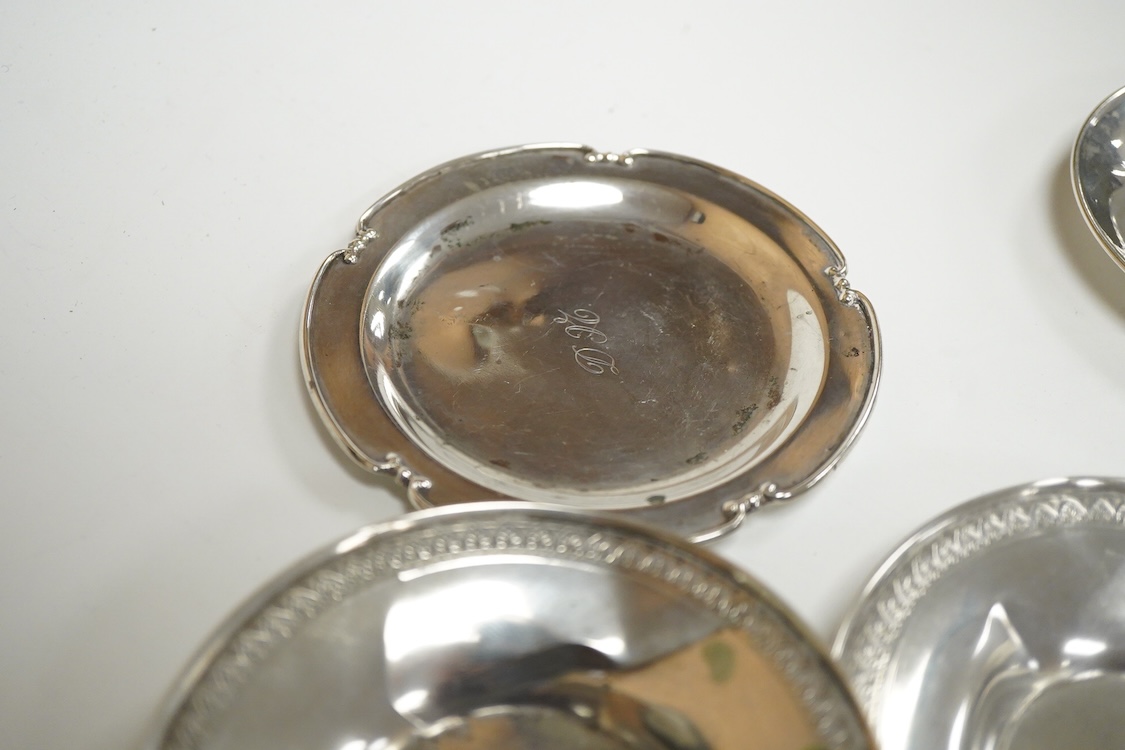 Four 20th century Turkish Sener 925 octagonal coffee cups and two saucers, together with four other Turkish 800 standard white metal small dishes and one other 800 dish, 13oz.